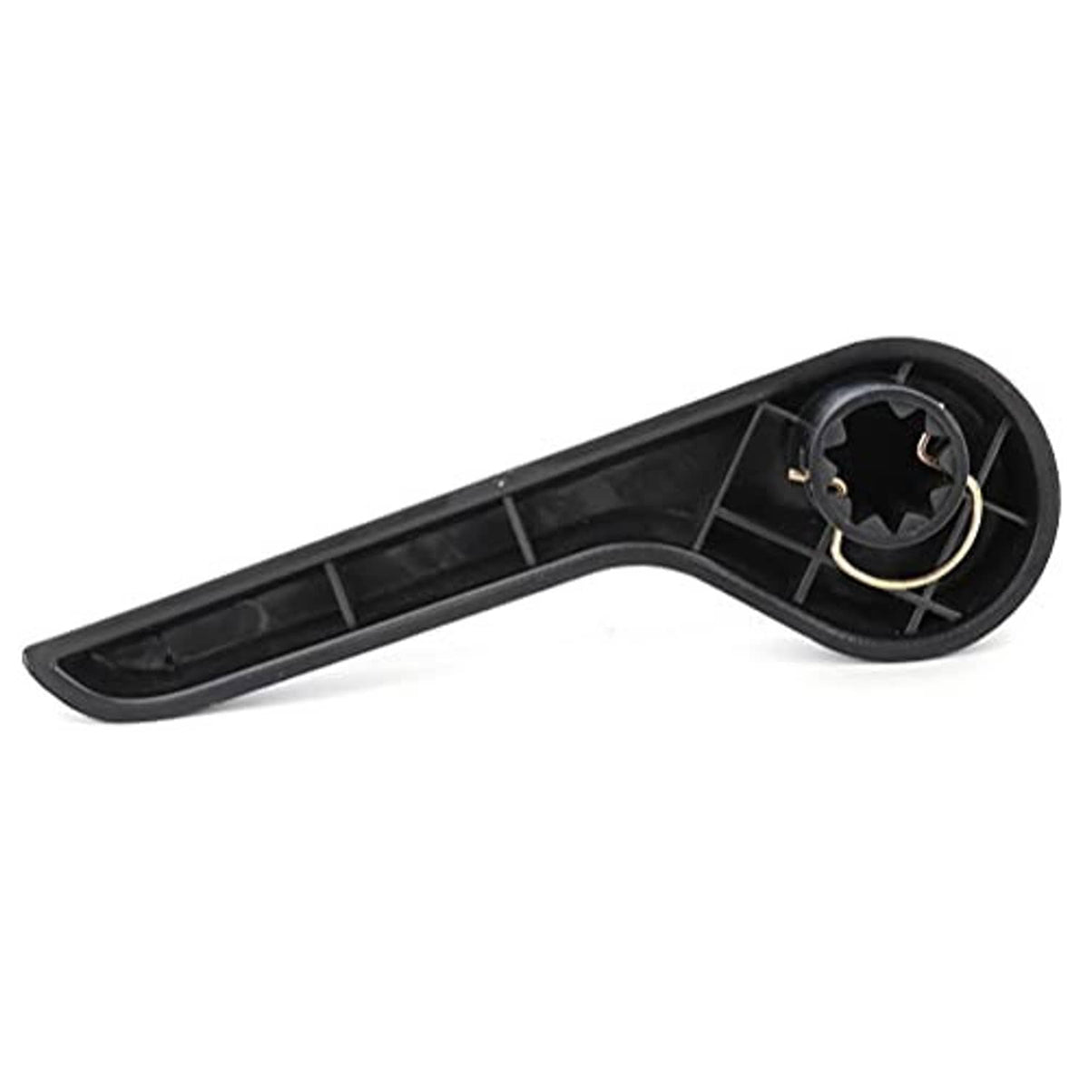 Recliner seat adjuster lever handle underside, dark plastic with metal connector opening