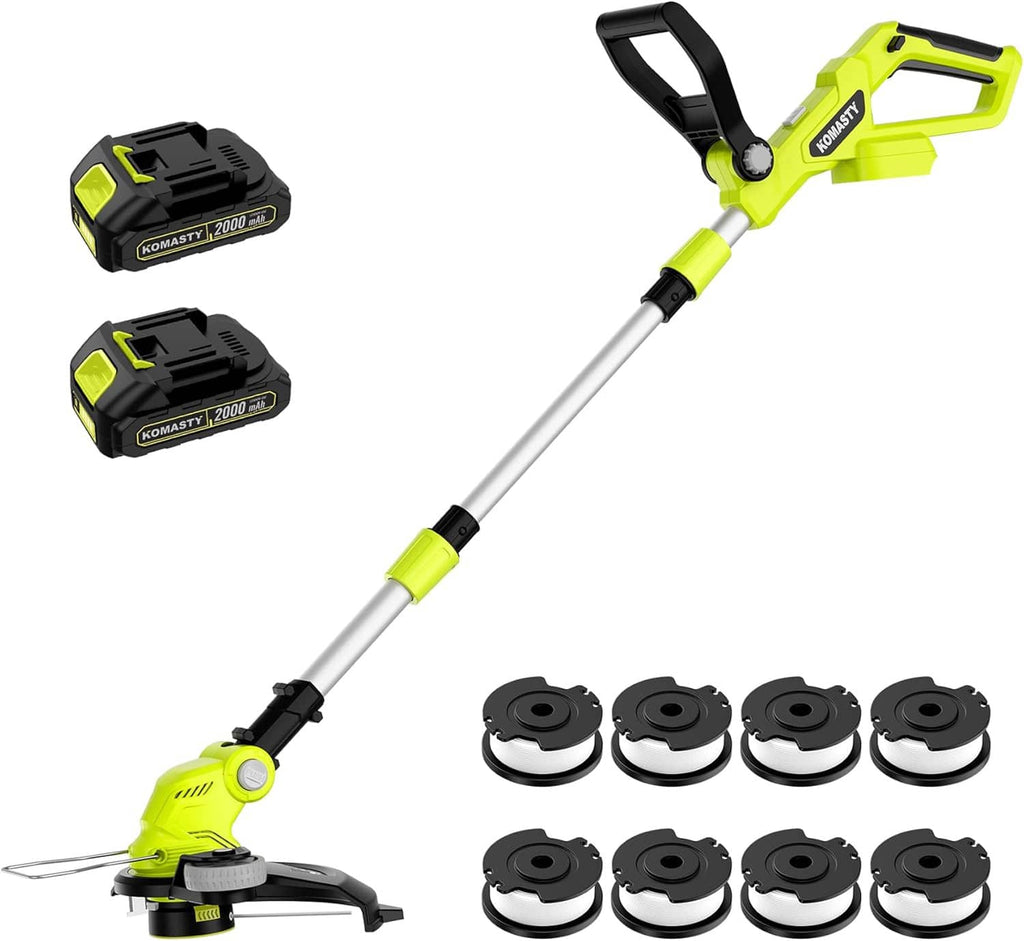 Cordless electric weed wacker with two batteries and spare spool set, studio view
