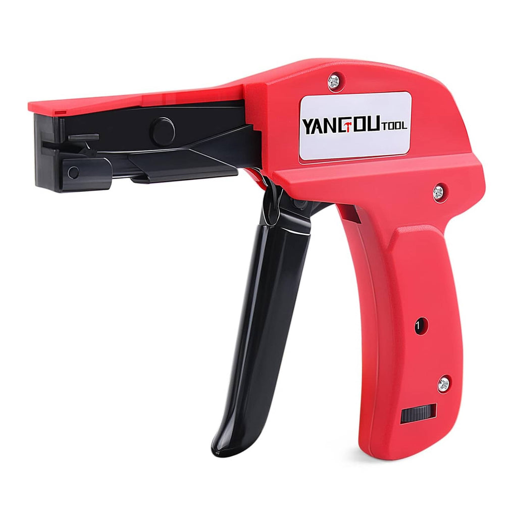 Yangoutool ergonomic cable tie gun with red handle and black tie feed head