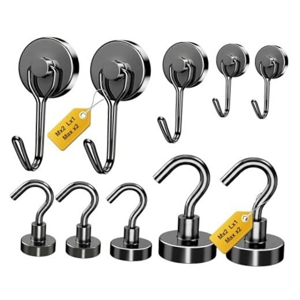 Set of black magnetic hooks with round base plates and curved hooks, mixed sizes 10-pack