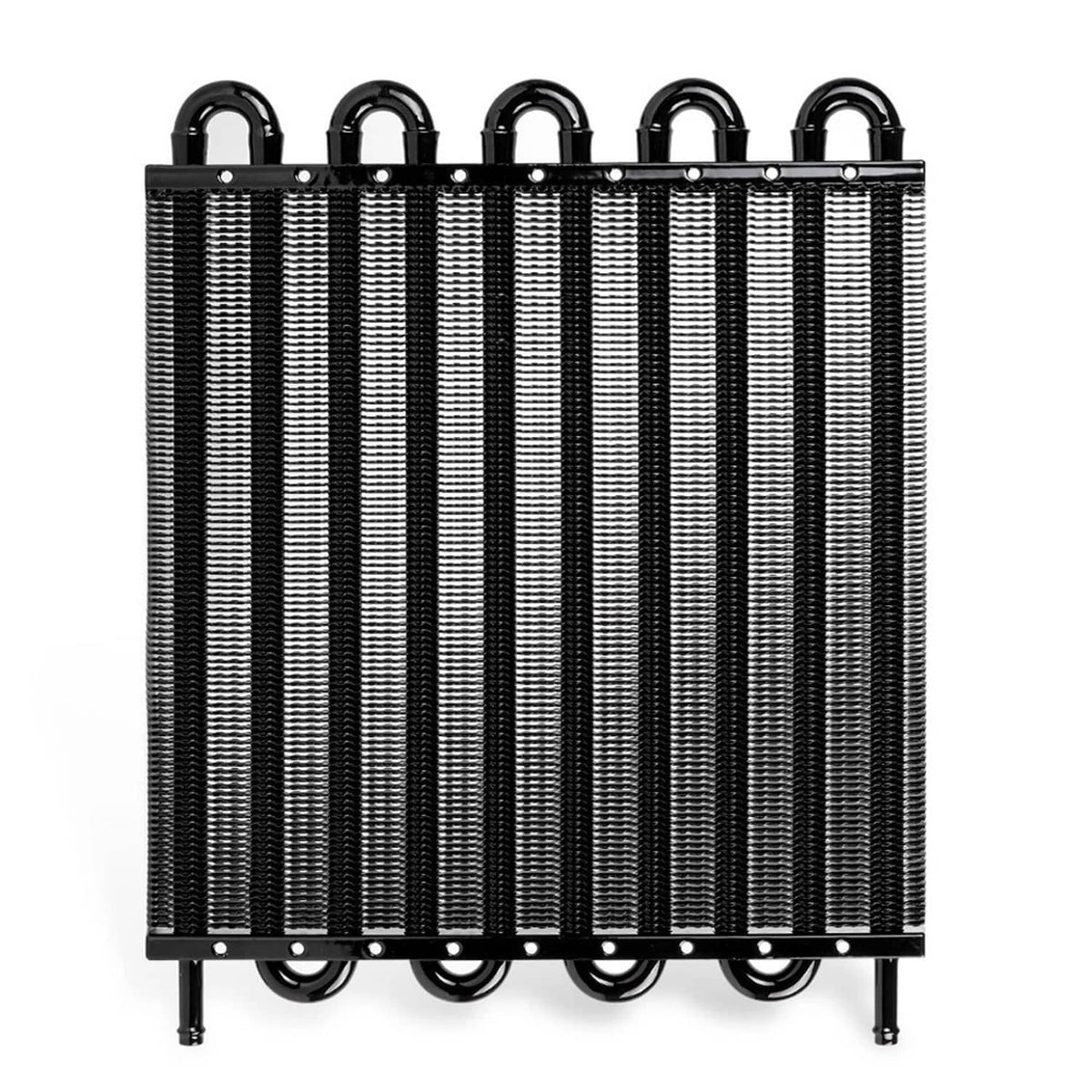 Black oil cooler heat exchanger with vertical fin rows and curved mounting legs