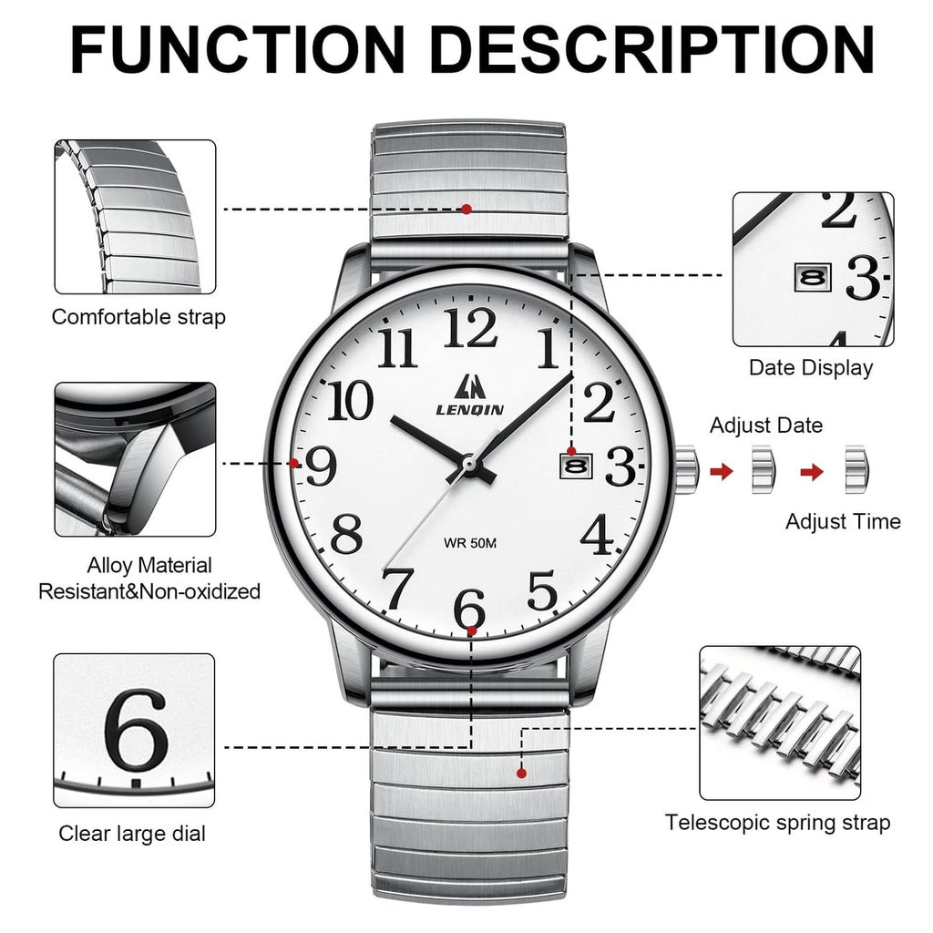 Analog quartz sport watch feature diagram showing white dial and date window