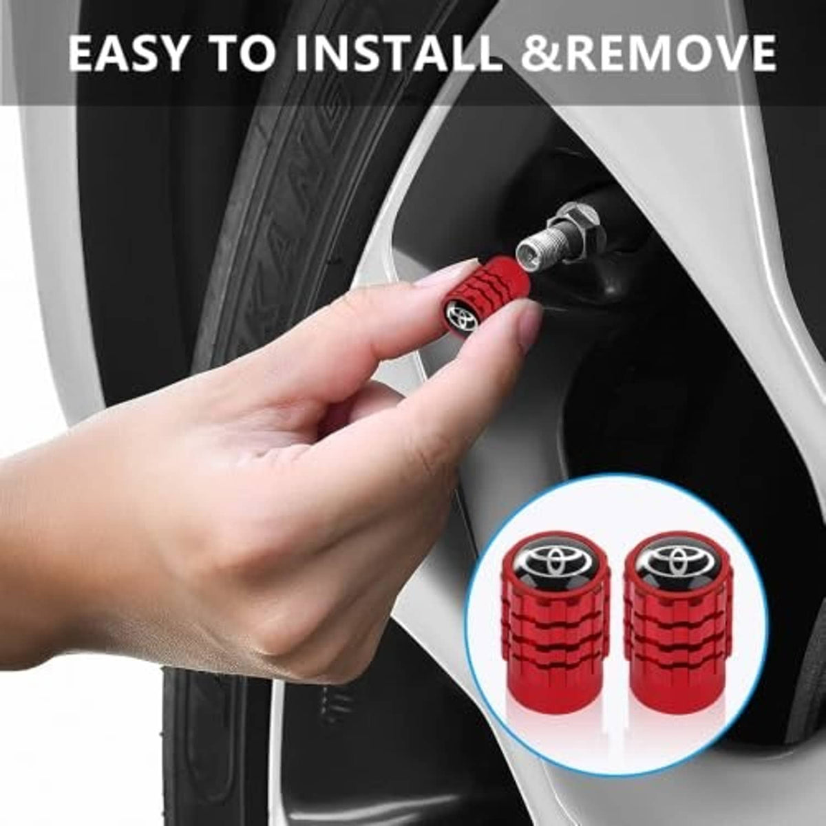 Red tire valve stem cap with Toyota logo being installed on a vehicle valve