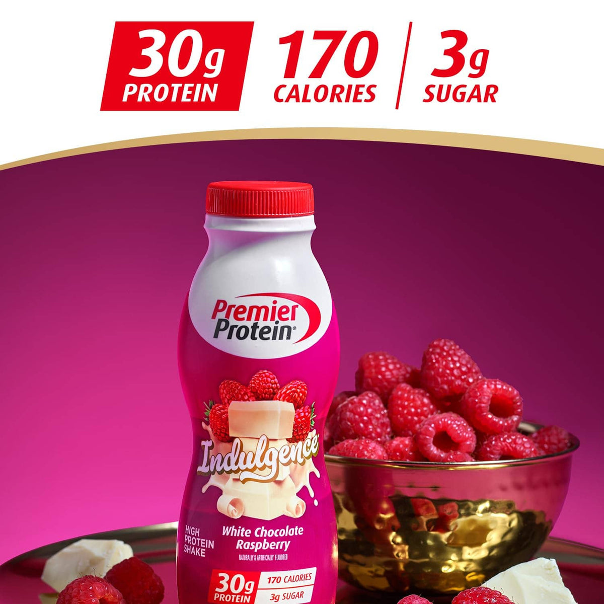 Premier Protein Indulgence bottle with 30g protein, 170 calories, 3g sugar callouts