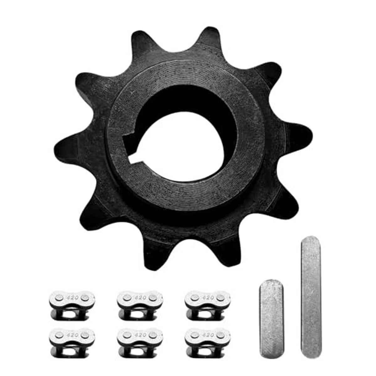 10-tooth chain sprocket with center bore, dark metal finish, bundled pins