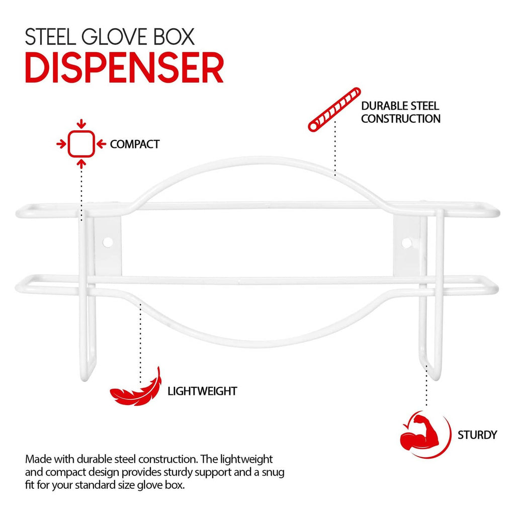 White steel glove box dispenser frame with curved front bar, compact two-rail design