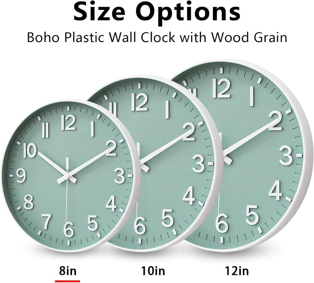 Wall clock set showing three green round clocks with white hands and numerals.