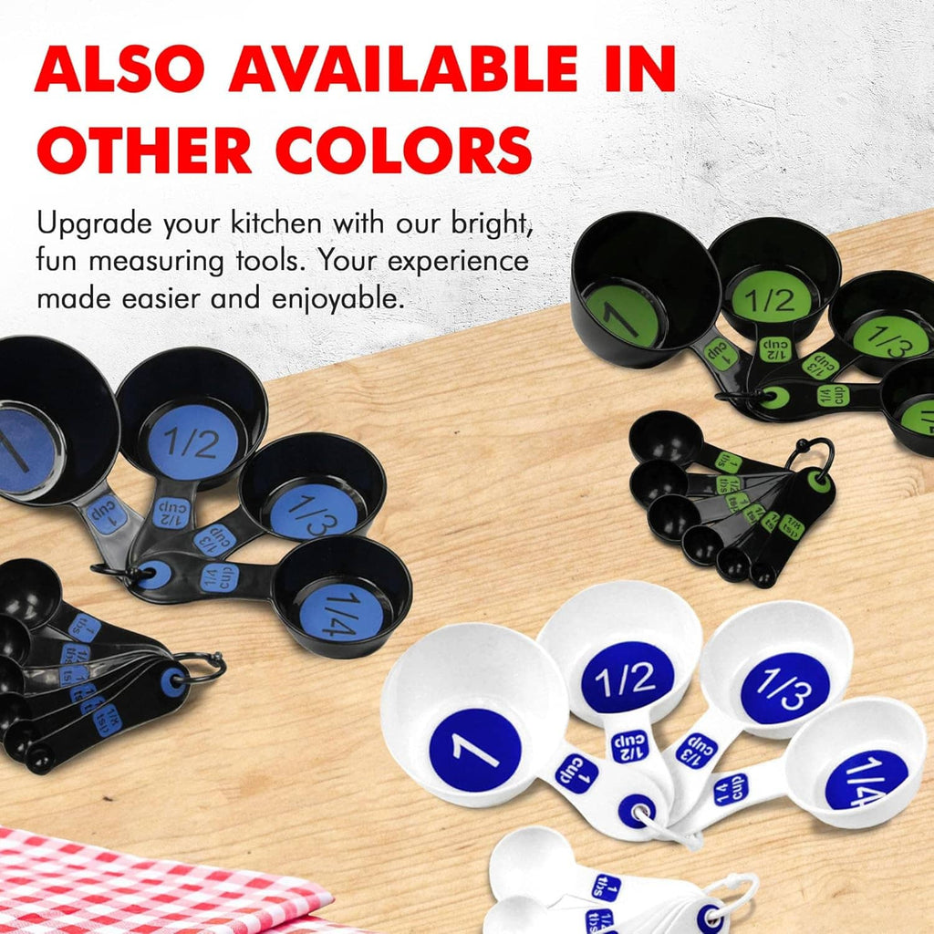 Plastic measuring cup and spoon set with black bowls and green measurement labels, 10-piece