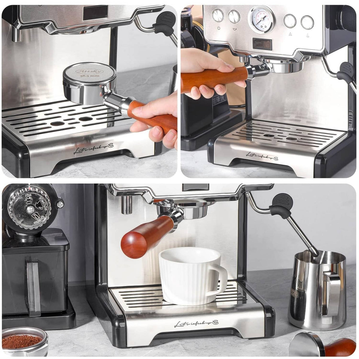 Stainless espresso puck screen seated in portafilter area, fine mesh face