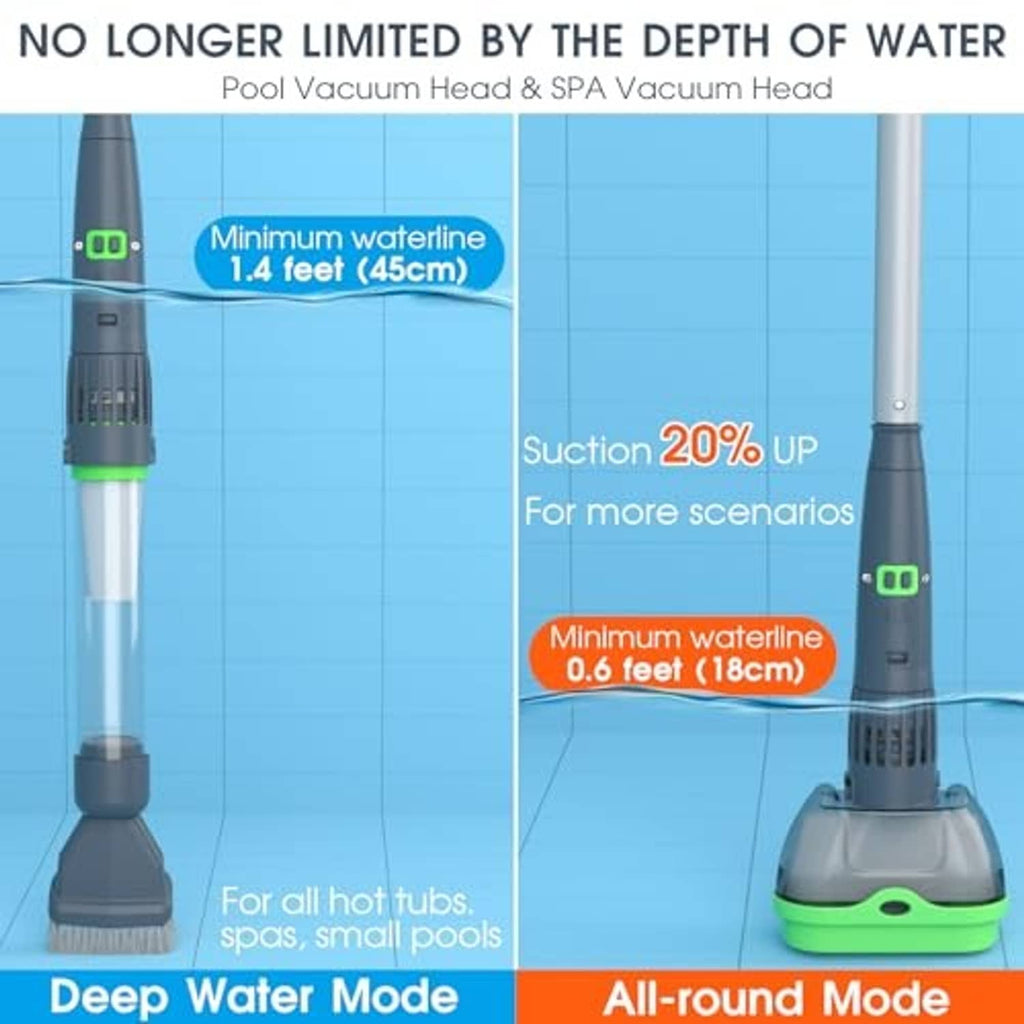 Pool vacuum cleaner in water with green base and two vacuum head styles
