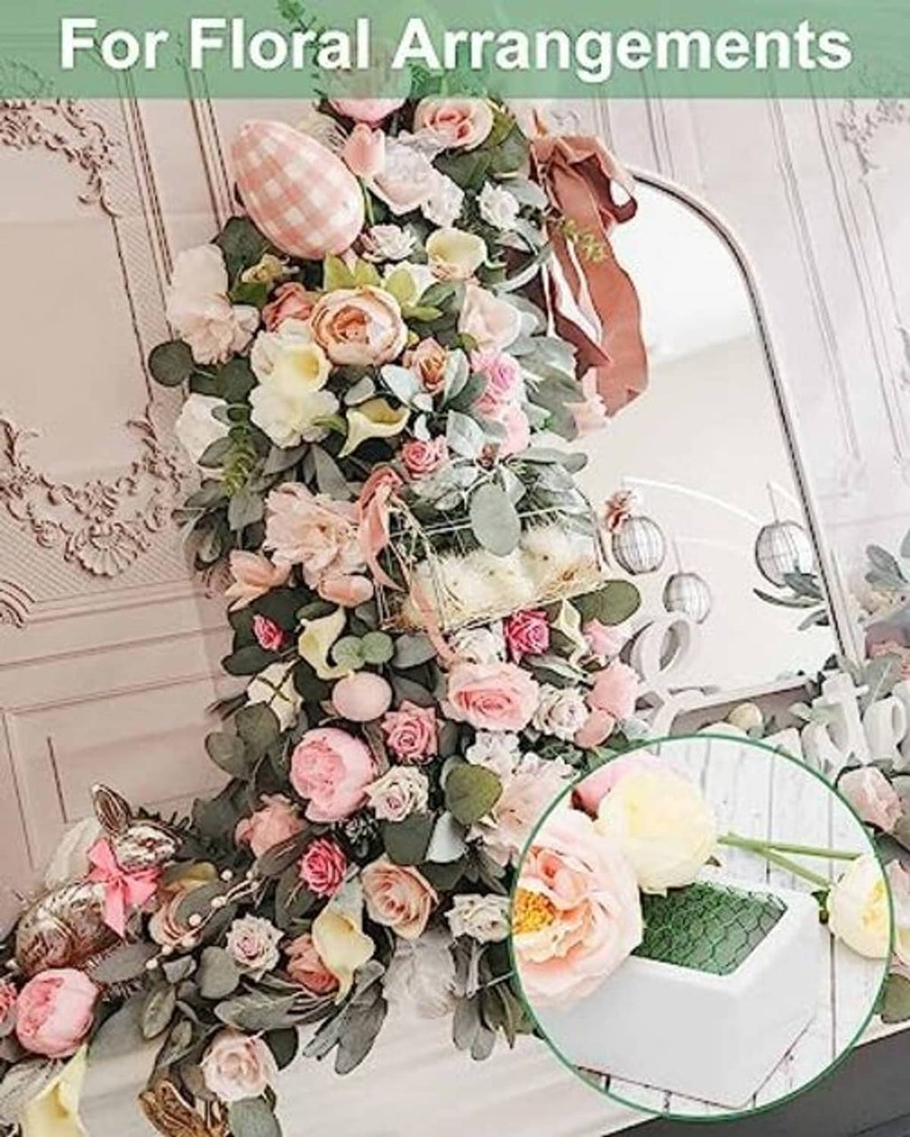 Green hexagonal chicken wire mesh used to support a floral arrangement