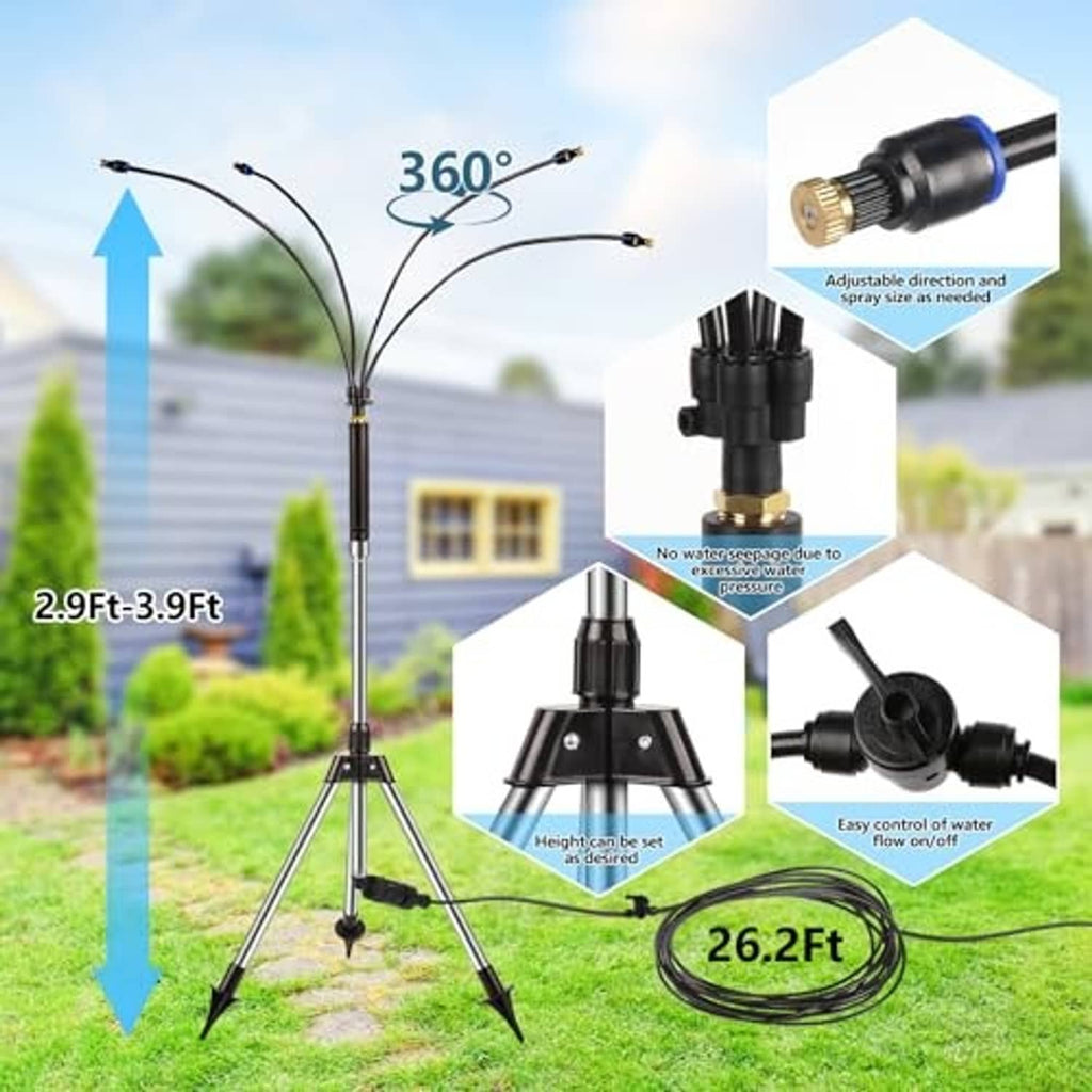 Outdoor misting tower with tripod stand, five spray nozzles, and adjustable height range.