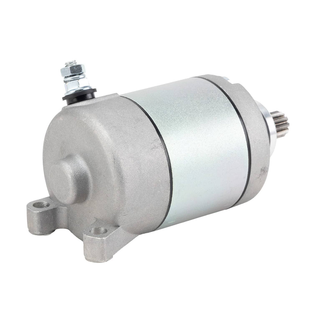 ATV starter motor assembly three-quarter view with silver housing and front shaft splines.