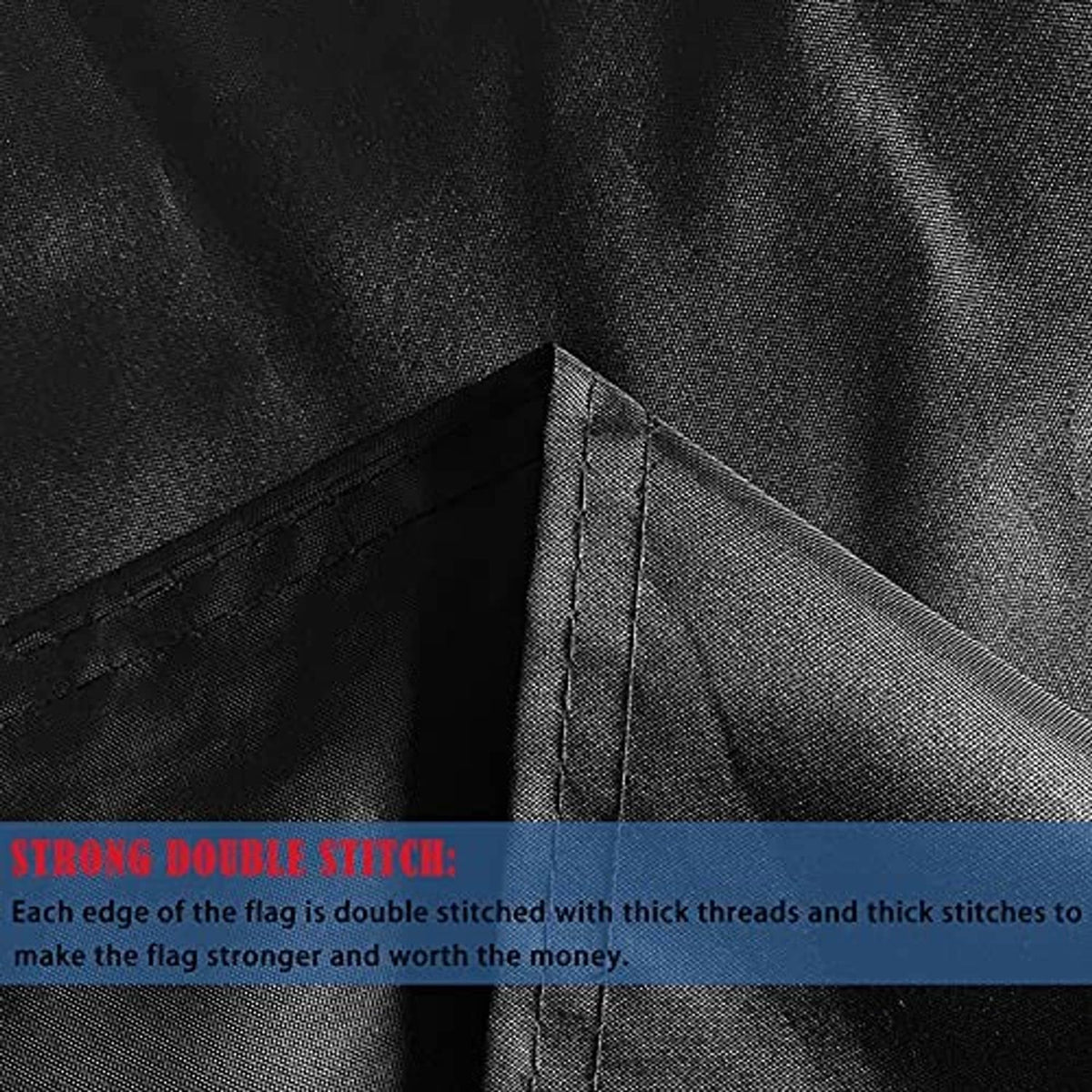 Black flag corner close-up with double-stitched seam and textured woven surface.