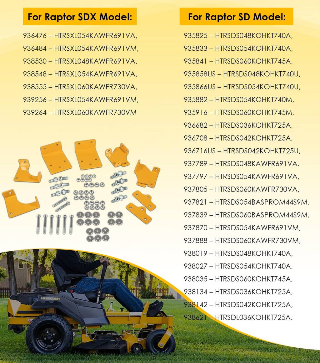 Yellow hydro transmission brackets kit with matching bolt set shown alongside mower models.