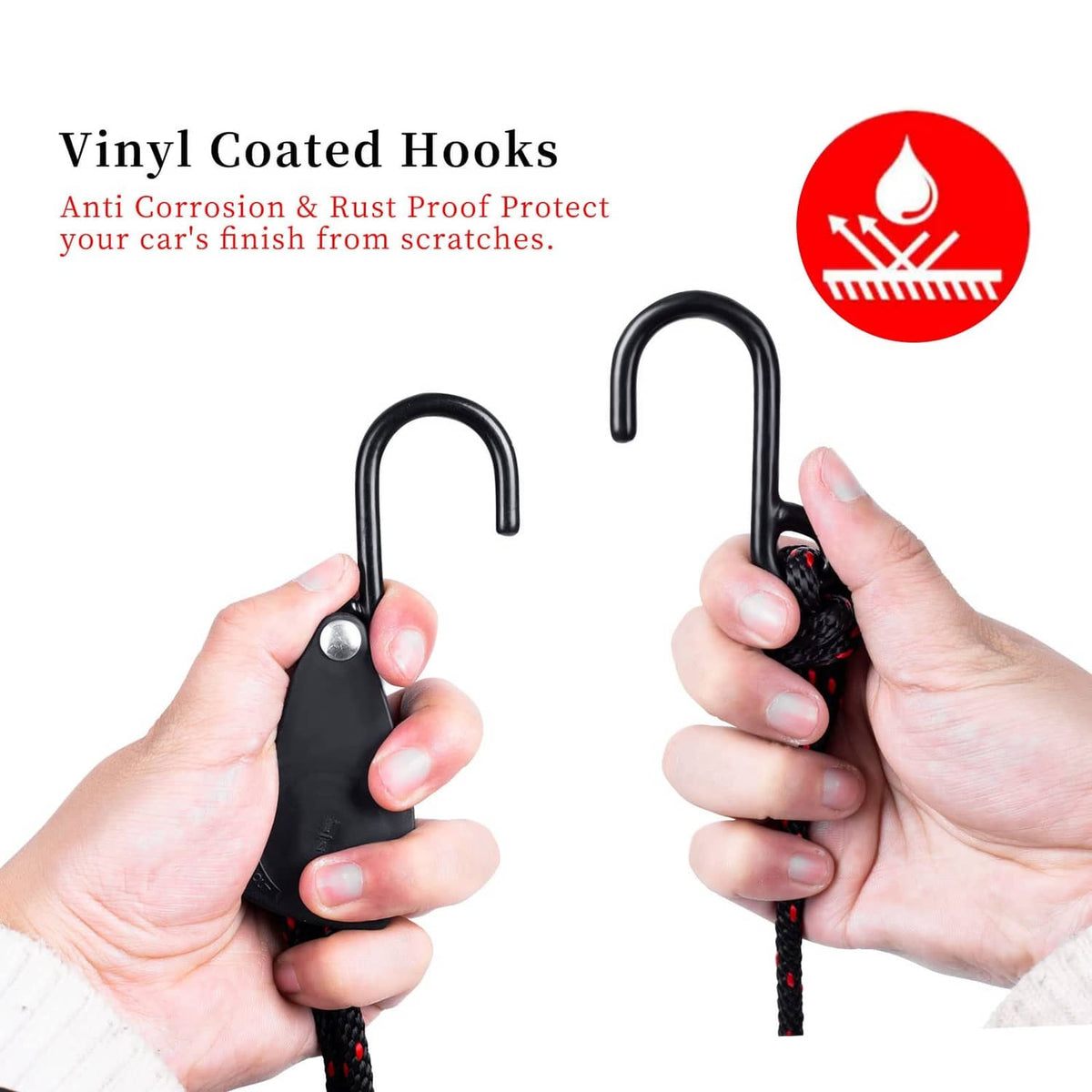Kayak tie-down hook and braided strap shown in hands, black clip with red-black rope