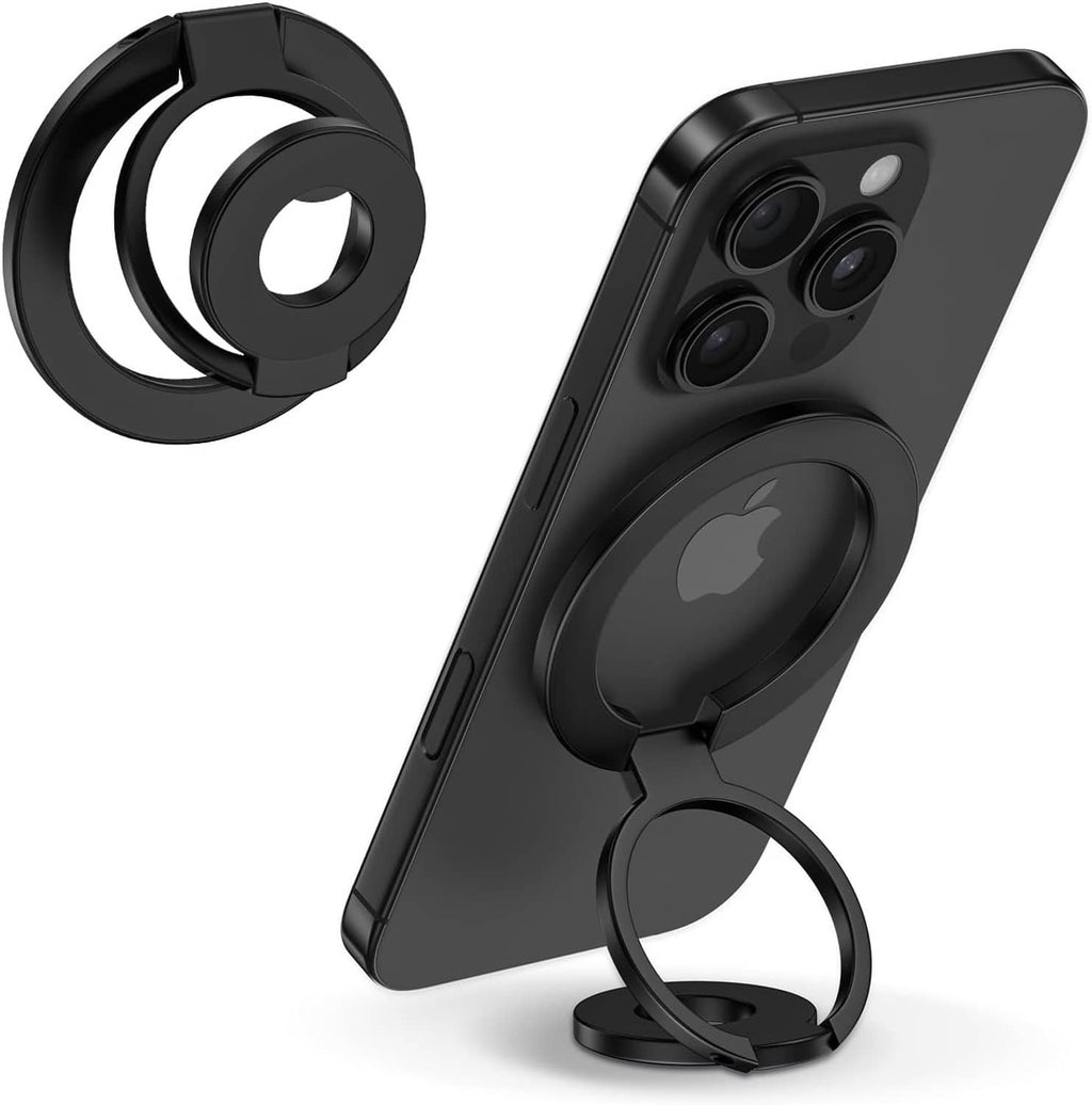 Black magnetic phone ring holder with finger ring stand attached to a phone case