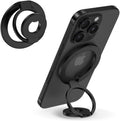 Black magnetic phone ring holder with finger ring stand attached to a phone case