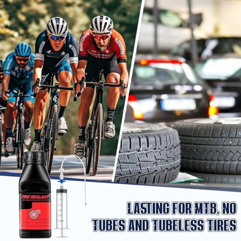 Tubeless tire sealant kit with sealant bottle and syringe beside bike and road tires