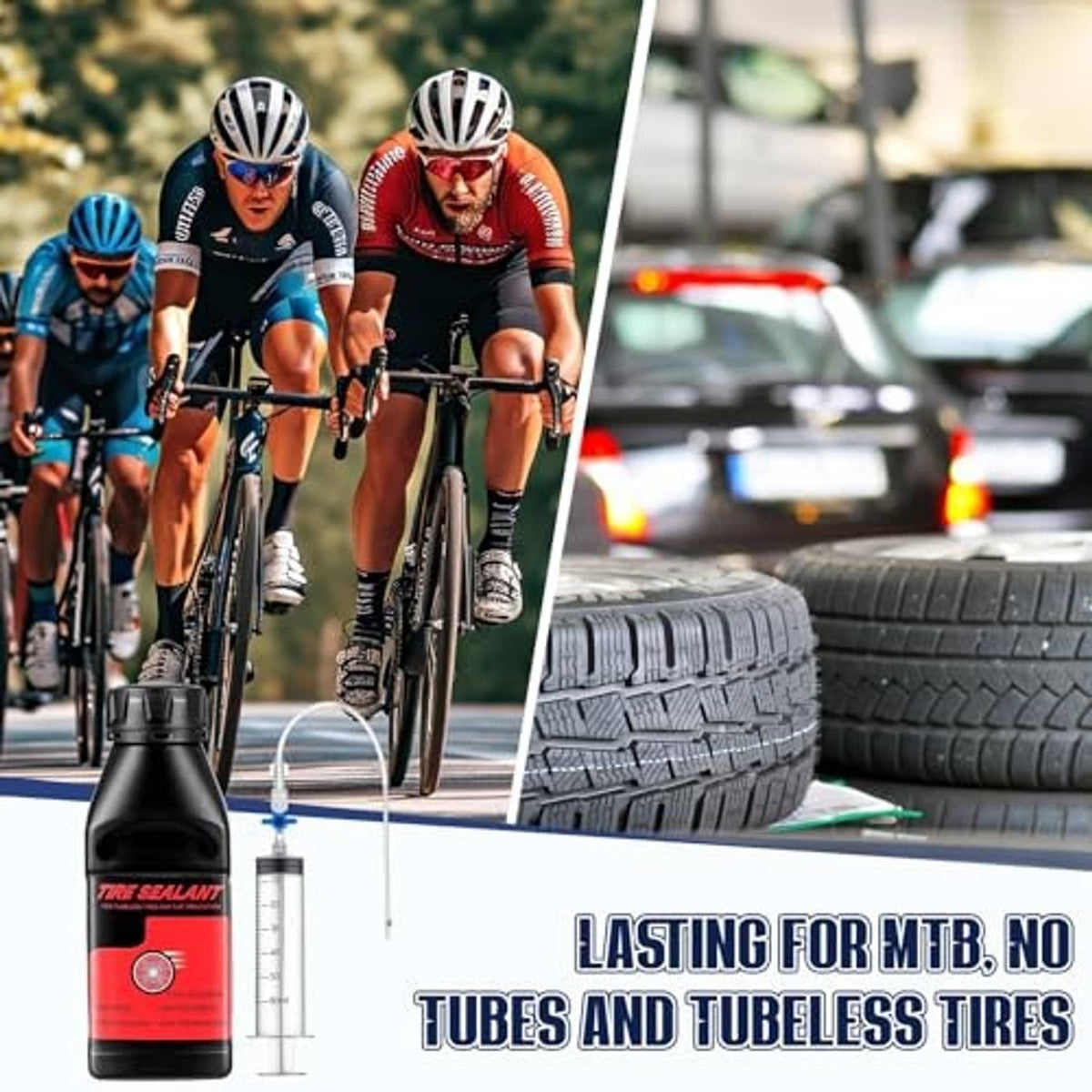 Tubeless tire sealant kit with sealant bottle and syringe beside bike and road tires