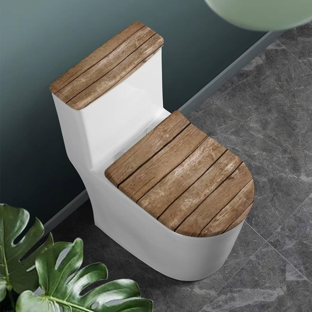 Toilet seat and tank lid cover set, brown wood-look panels on white toilet