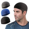 3-pack cooling skull caps: dark gray, black, and blue, flat profile on top view