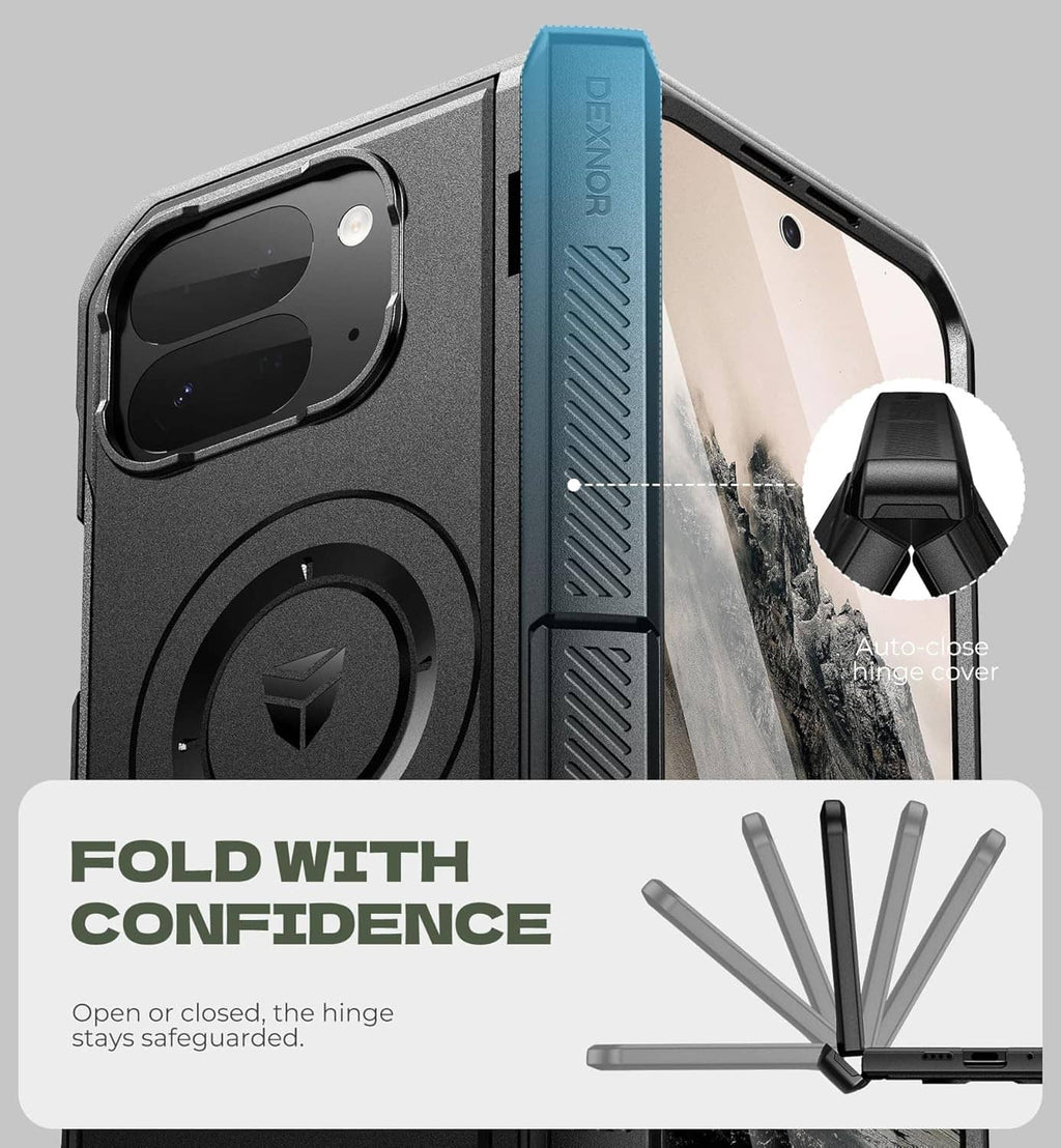 Rugged fold phone case with hinge open and kickstand, camera cutout close-up