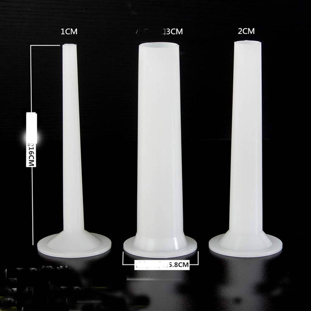 White plastic sausage stuffing tube sizes, with height and diameter measurement diagram