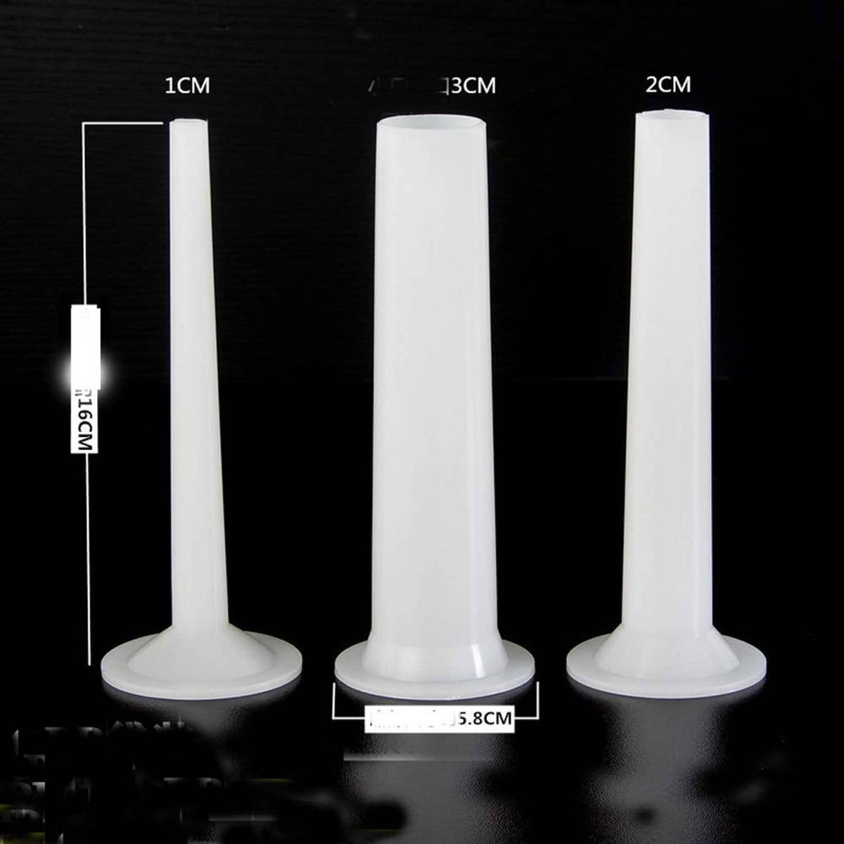 White plastic sausage stuffing tube sizes, with height and diameter measurement diagram