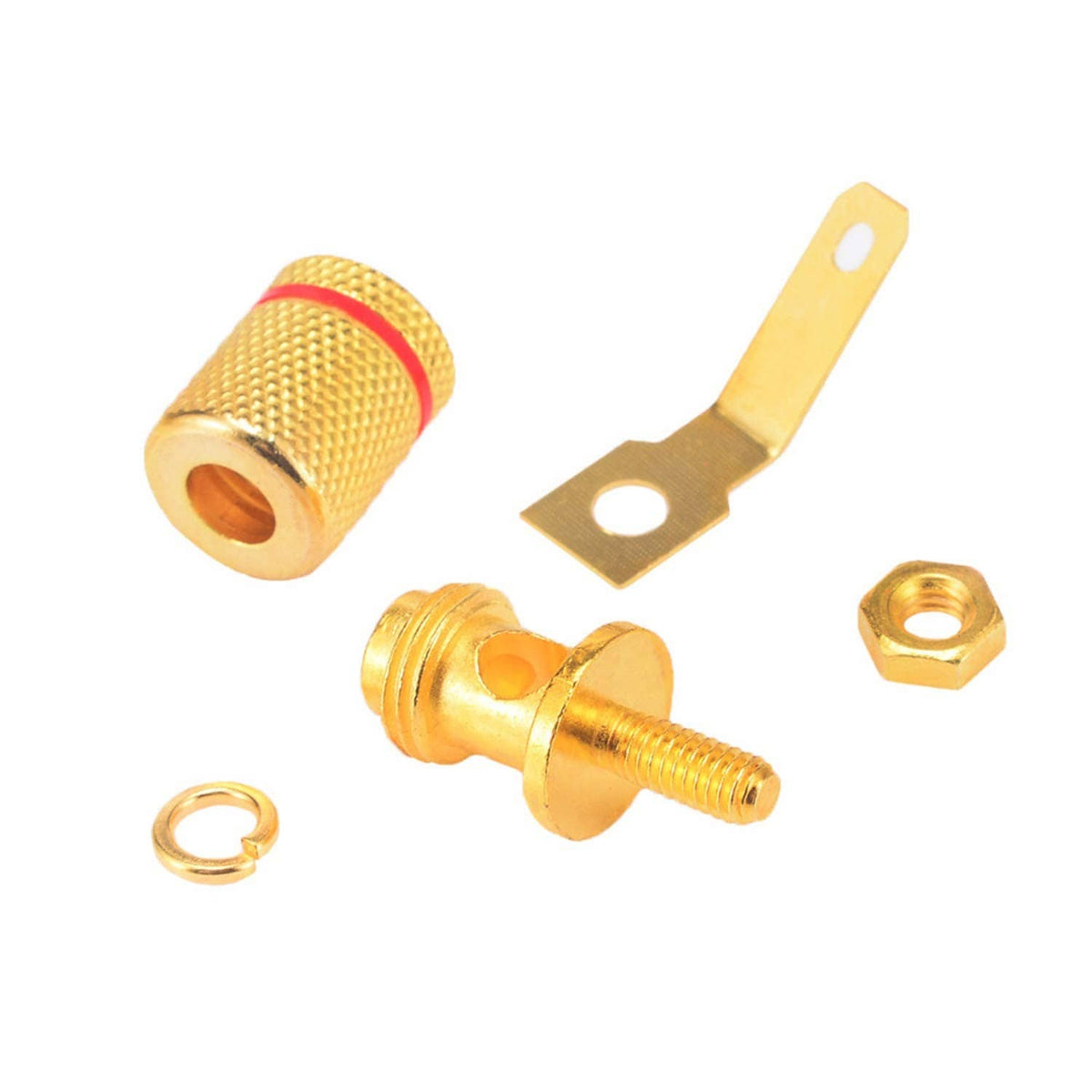 Gold-plated 4mm banana jack binding posts with mounting bracket, nut, and ring