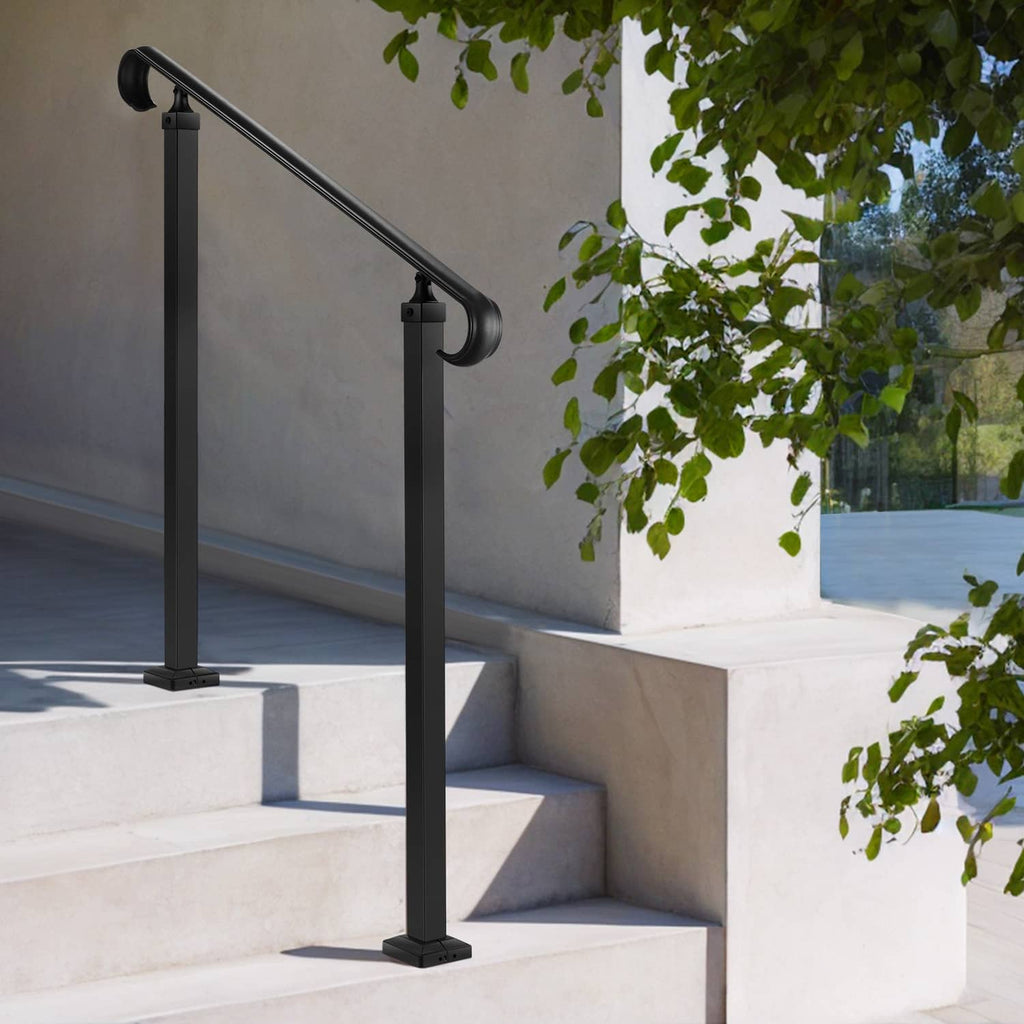 Uimoso black stair handrail for outdoor steps with two posts and curved gripping rail