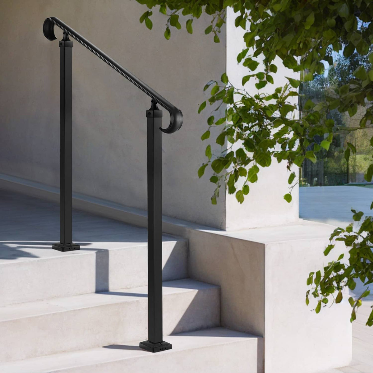 Uimoso black stair handrail for outdoor steps with two posts and curved gripping rail
