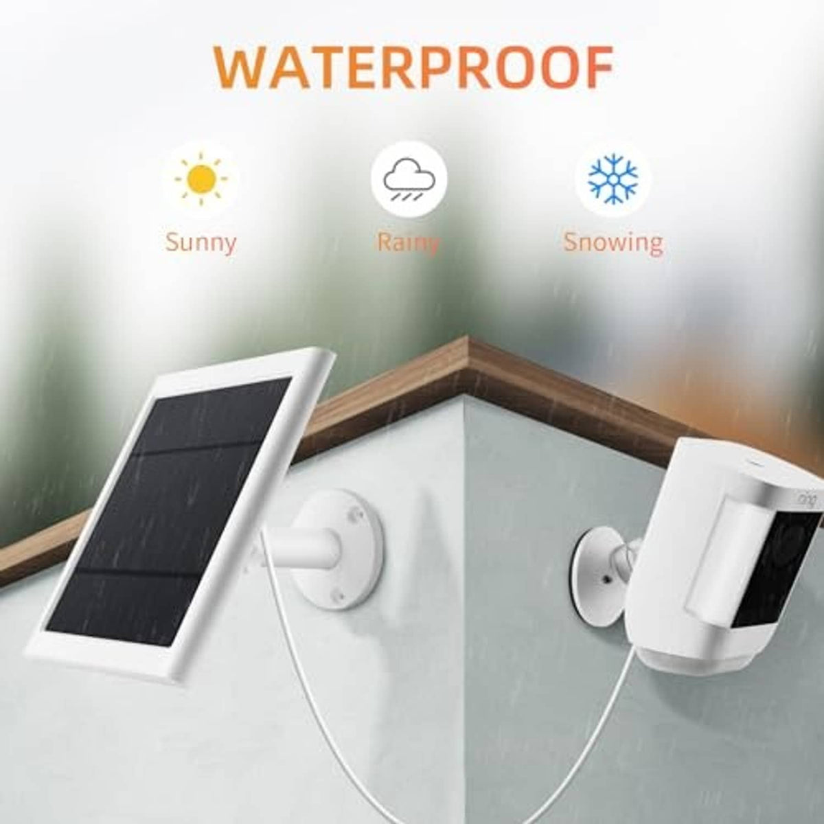 White solar panel connected to camera mounts with charging cable