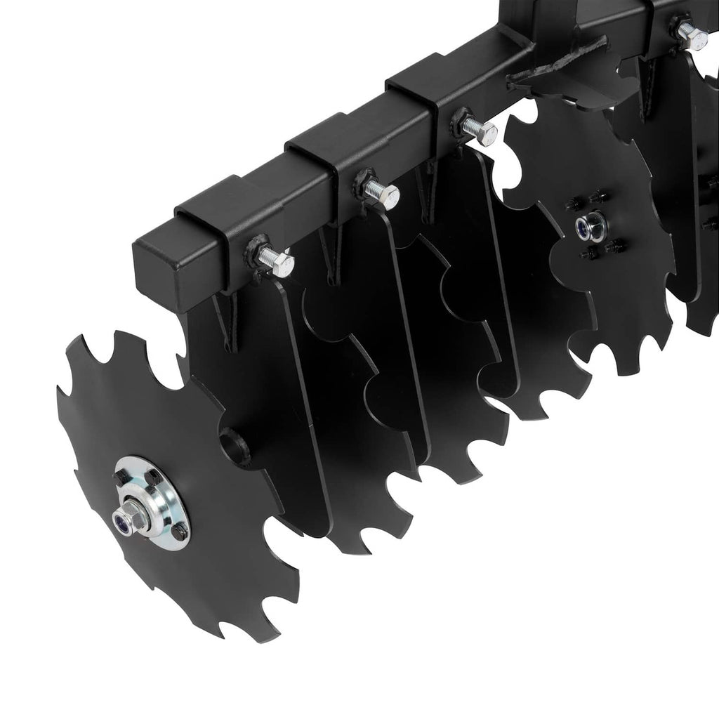 8-disc harrow blades with mounting hubs and bolts on black frame