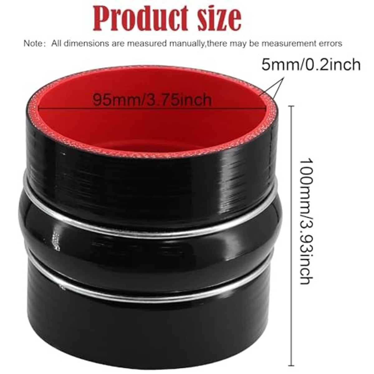Red-lined black silicone straight coupler hose, about 3.75 in ID and 3.93 in length.