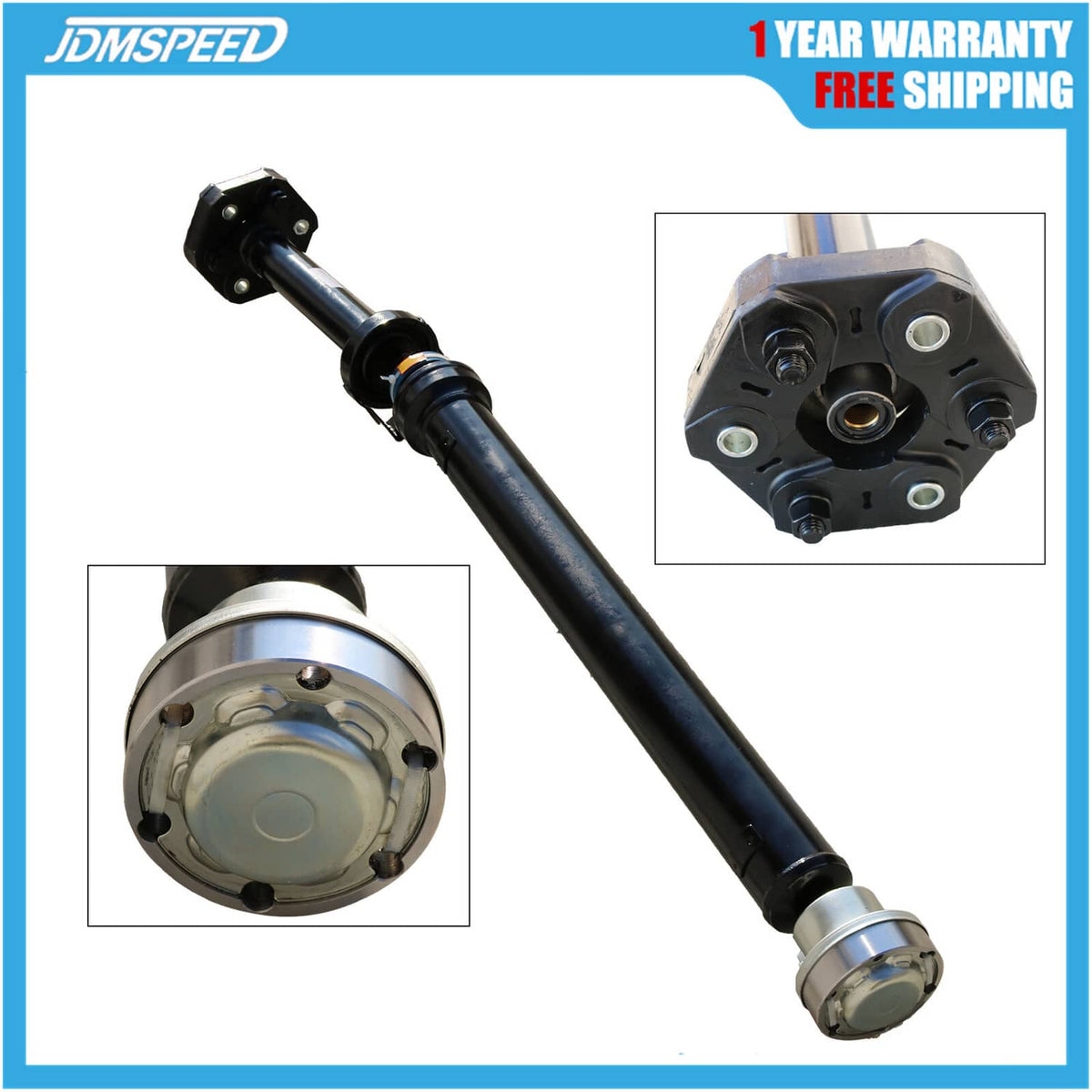 Drive shaft assembly with black shaft and silver end yoke, plus joint housing detail