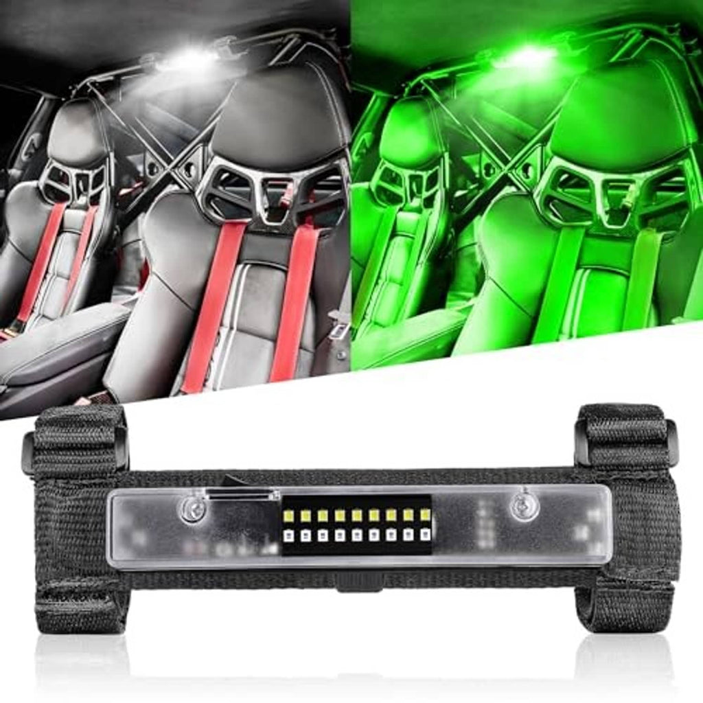 Universal UTV LED light bar with white and green lit LEDs and black mounting straps