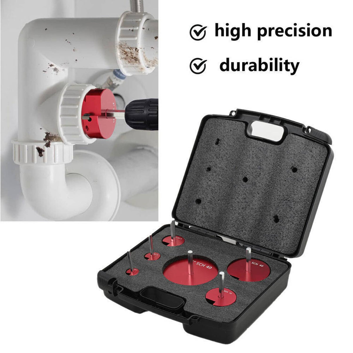 Pipe reamer kit in black case with red cutter heads and drill-reamer attachment