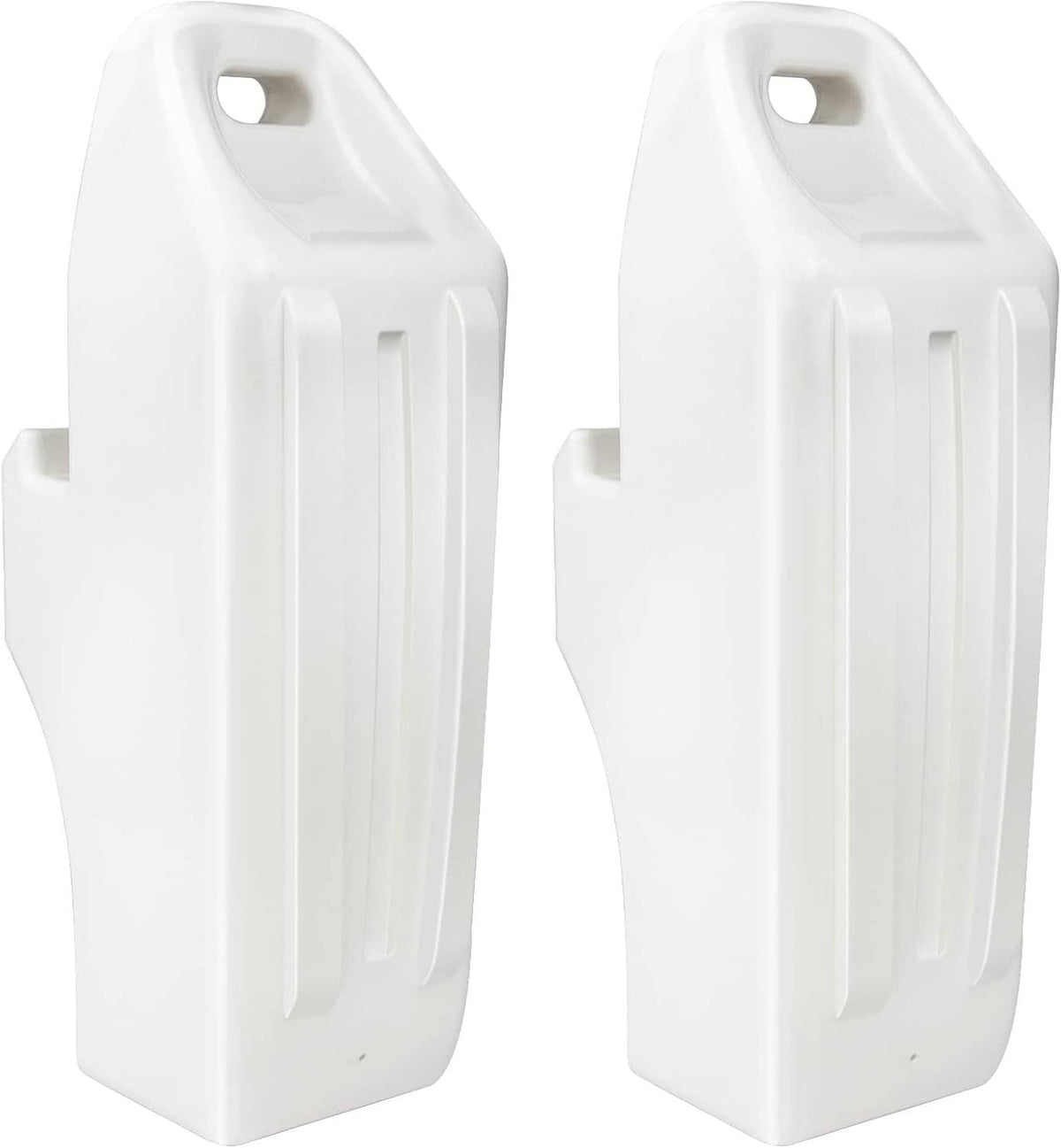 Pair of white pontoon docking fenders with top handle cutouts