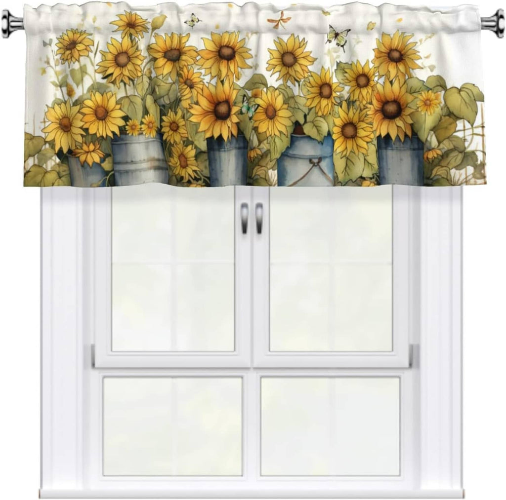 Sunflower printed curtain valance with blue bucket jars and rod grommets across the top
