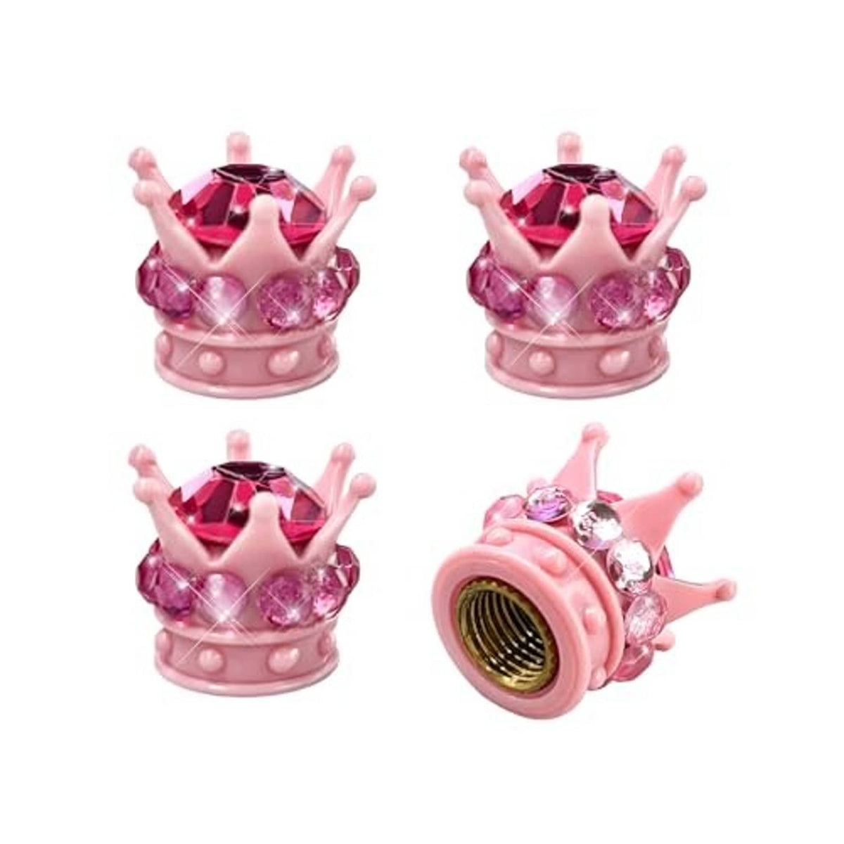 Pink crown tire valve cap with glittering rhinestone crown, copper core opening visible