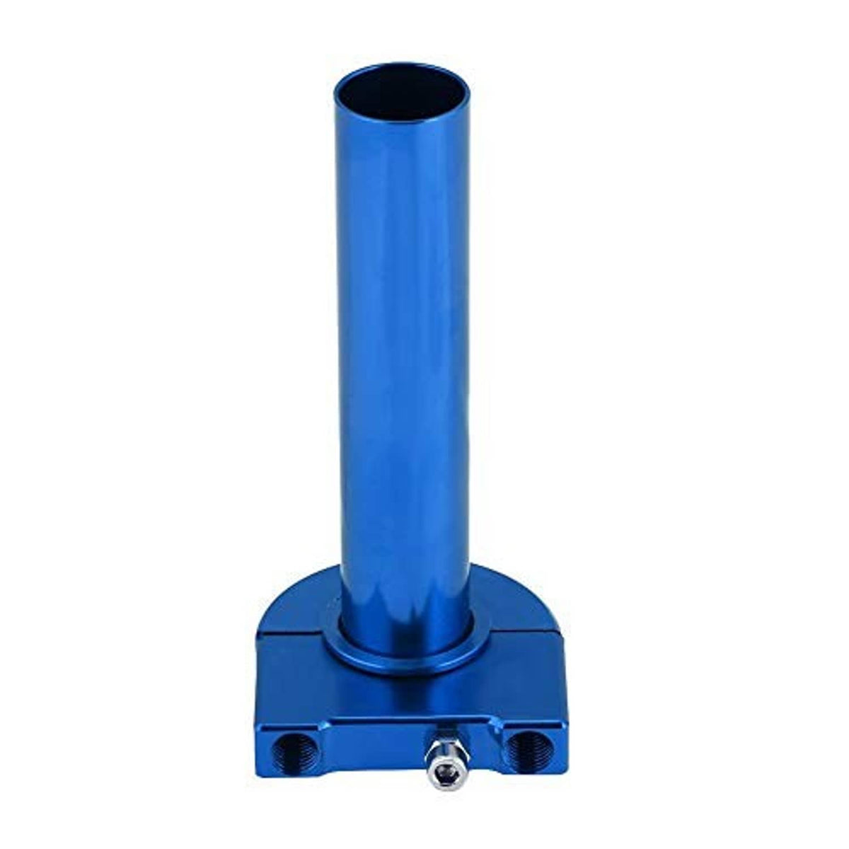 Blue aluminum throttle base with upright bar tube opening and mounting screw holes