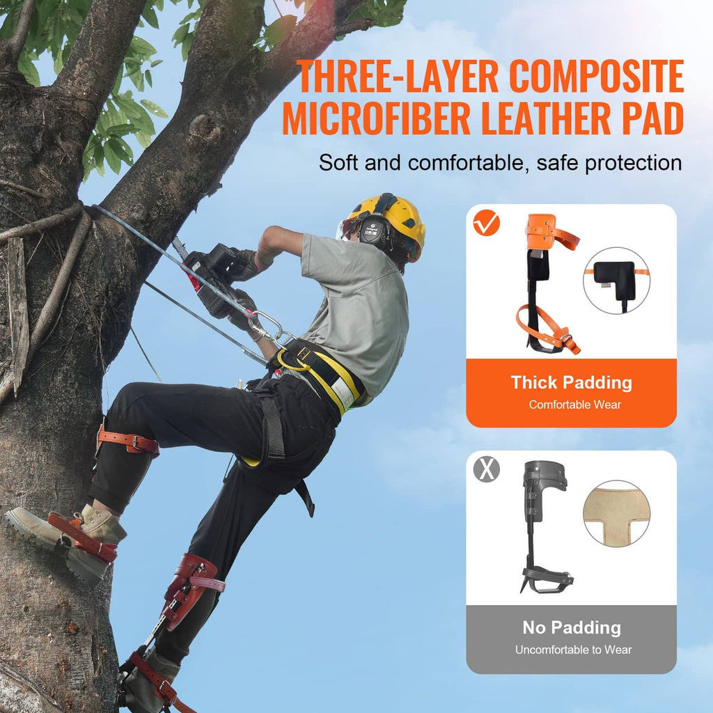 Orange-and-black spurs with wide padded microfiber foot plates and spike guards
