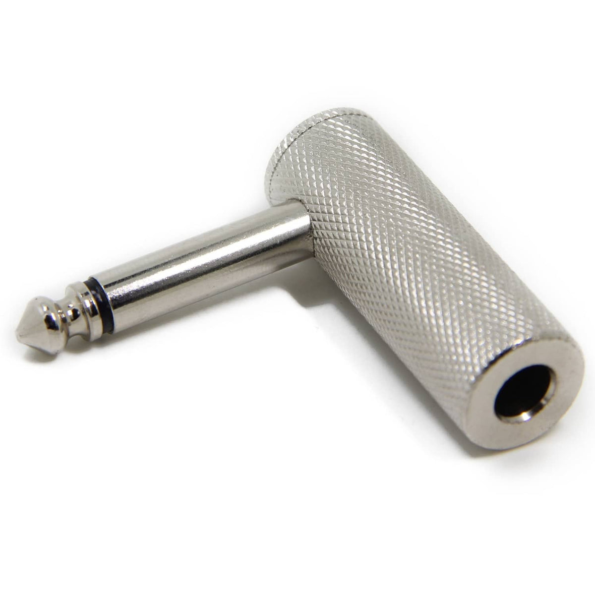 Right-angle 1/4-inch guitar adapter plug, silver metal with textured gray housing