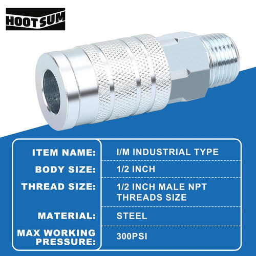 Silver I/M industrial air hose fitting with knurled grip and male threaded end