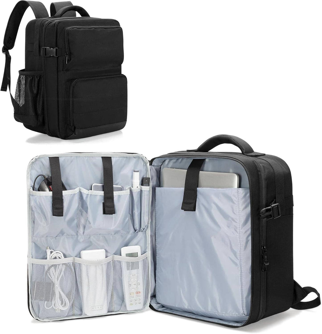 Black projector backpack with open organizer panel and padded divider for laptop sleeve.