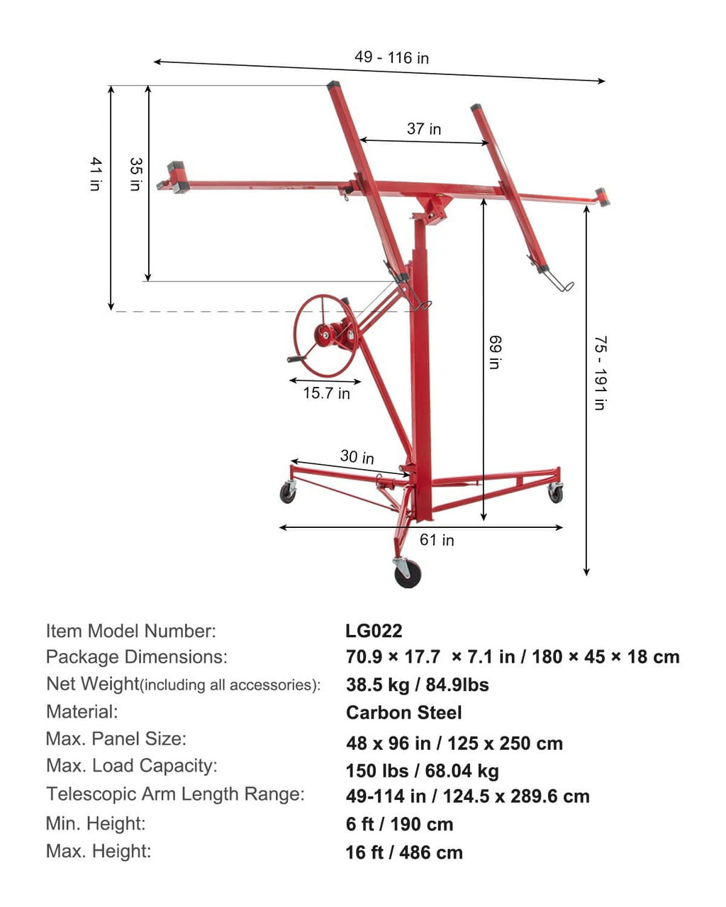 Drywall panel hoist dimension diagram with crank wheel and rolling caster base