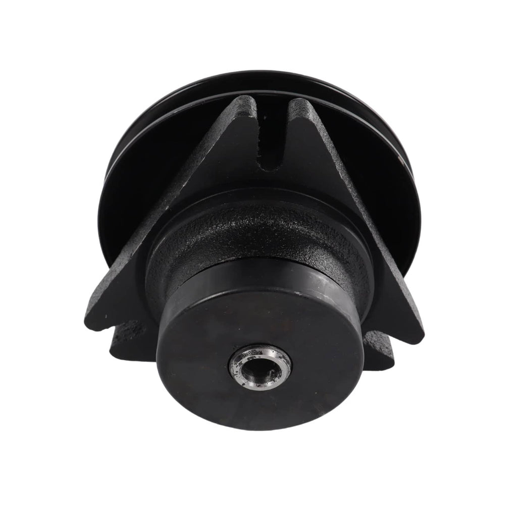 Black mower deck spindle with three-guard housing and center bolt opening