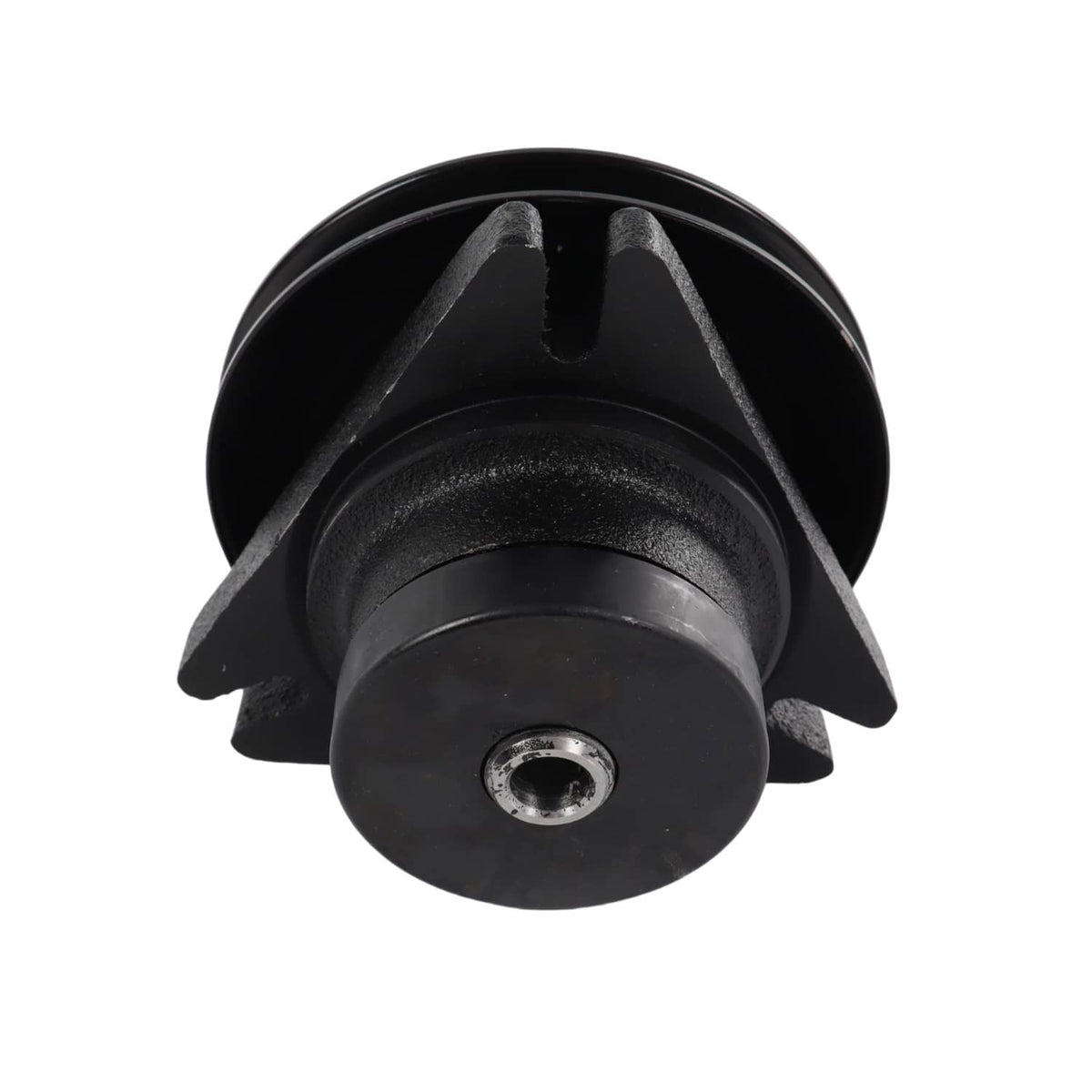 Black mower deck spindle with three-guard housing and center bolt opening
