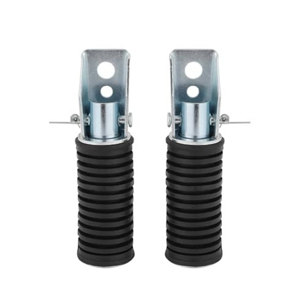 Two folding mini bike foot pegs with black ribbed rubber and silver U-shaped holders